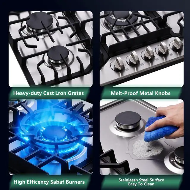 Alt view image 3 of 7 - Gas Cooktop 30 Inch, Stainless Steel 5 Burners Built-in Stovetop Propane/Natural Gas Convertible Stove Top Dual Fuel Cooktop