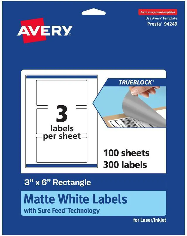 Main image of TrueBlock Matte White Rectangle Labels, Sure Feed Technology, 3" x 6", 300 Matte White Labels, Print-to-The-Edge, Laser/Inkjet Printable, Great for Packaging and Product Merchandising