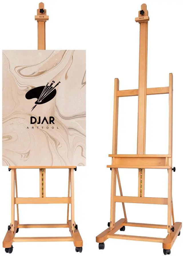 Main image of Large H-Frame Art Easel for Painting, 360° Casters Wheels, Natural | Solid Beech Wood Adjustable Floor Stand with Storage Tray, Hold Canvas up to 93, Art Supplies for Artists and Adults