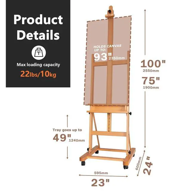 Alt view image 2 of 7 - Large H-Frame Art Easel for Painting, 360° Casters Wheels, Natural | Solid Beech Wood Adjustable Floor Stand with Storage Tray, Hold Canvas up to 93, Art Supplies for Artists and Adults
