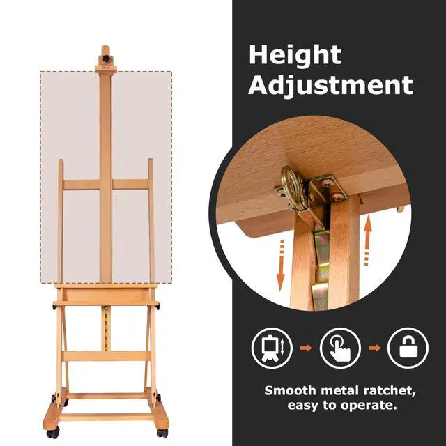 Alt view image 3 of 7 - Large H-Frame Art Easel for Painting, 360° Casters Wheels, Natural | Solid Beech Wood Adjustable Floor Stand with Storage Tray, Hold Canvas up to 93, Art Supplies for Artists and Adults