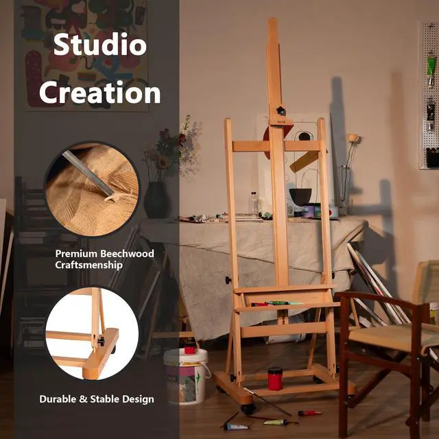 Alt view image 4 of 7 - Large H-Frame Art Easel for Painting, 360° Casters Wheels, Natural | Solid Beech Wood Adjustable Floor Stand with Storage Tray, Hold Canvas up to 93, Art Supplies for Artists and Adults
