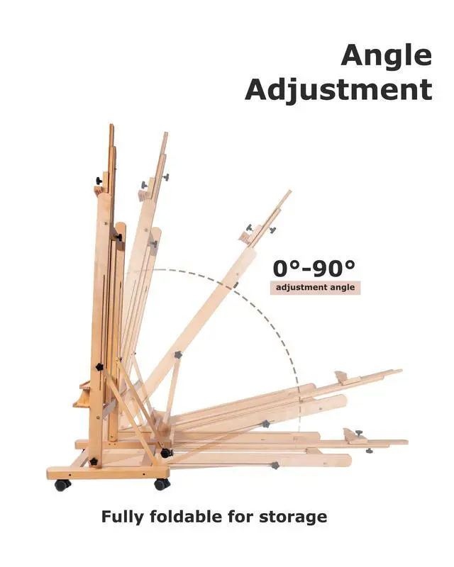 Alt view image 5 of 7 - Large H-Frame Art Easel for Painting, 360° Casters Wheels, Natural | Solid Beech Wood Adjustable Floor Stand with Storage Tray, Hold Canvas up to 93, Art Supplies for Artists and Adults