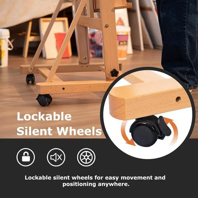 Alt view image 6 of 7 - Large H-Frame Art Easel for Painting, 360° Casters Wheels, Natural | Solid Beech Wood Adjustable Floor Stand with Storage Tray, Hold Canvas up to 93, Art Supplies for Artists and Adults