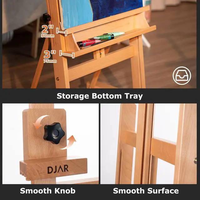 Alt view image 7 of 7 - Large H-Frame Art Easel for Painting, 360° Casters Wheels, Natural | Solid Beech Wood Adjustable Floor Stand with Storage Tray, Hold Canvas up to 93, Art Supplies for Artists and Adults