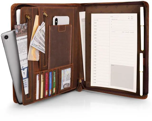 Main image of Leather Portfolio for Men, Business Portfolio Binder for A4/Pad, Leather Portfolio Folder Organizer with Notepad Holder, Card Slots, Pen Loop, 10 x 13 in, Professional Gift Set - Camel