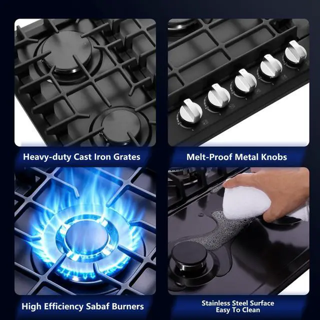 Alt view image 3 of 7 - 30 Inch Gas Cooktop, Built-in 5 Burners Stainless Steel Gas Stovetop Propane/Natural Gas Convertible Stove Top Dual Fuel Gas Hob (Black)