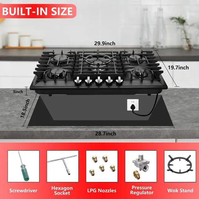 Alt view image 5 of 7 - 30 Inch Gas Cooktop, Built-in 5 Burners Stainless Steel Gas Stovetop Propane/Natural Gas Convertible Stove Top Dual Fuel Gas Hob (Black)