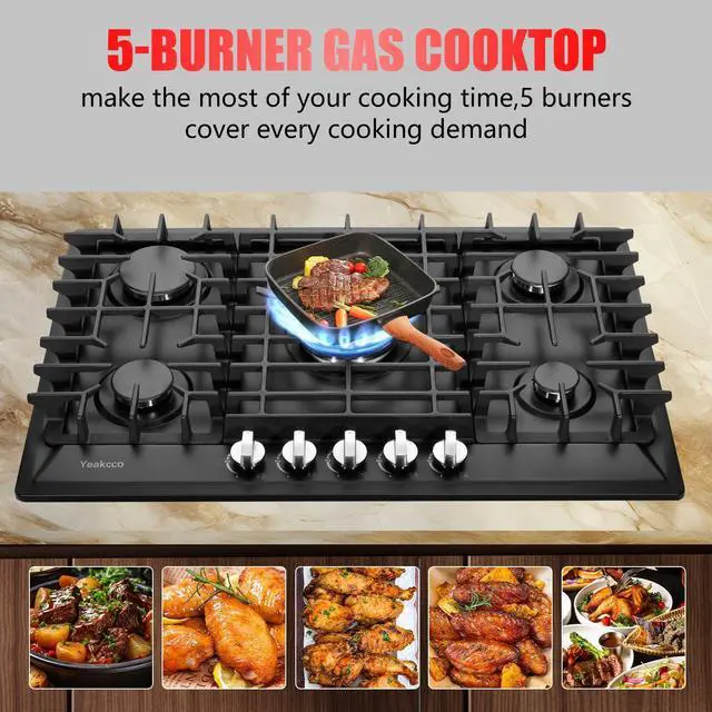 Alt view image 4 of 7 - 30 Inch Gas Cooktop, Built-in 5 Burners Stainless Steel Gas Stovetop Propane/Natural Gas Convertible Stove Top Dual Fuel Gas Hob (Black)