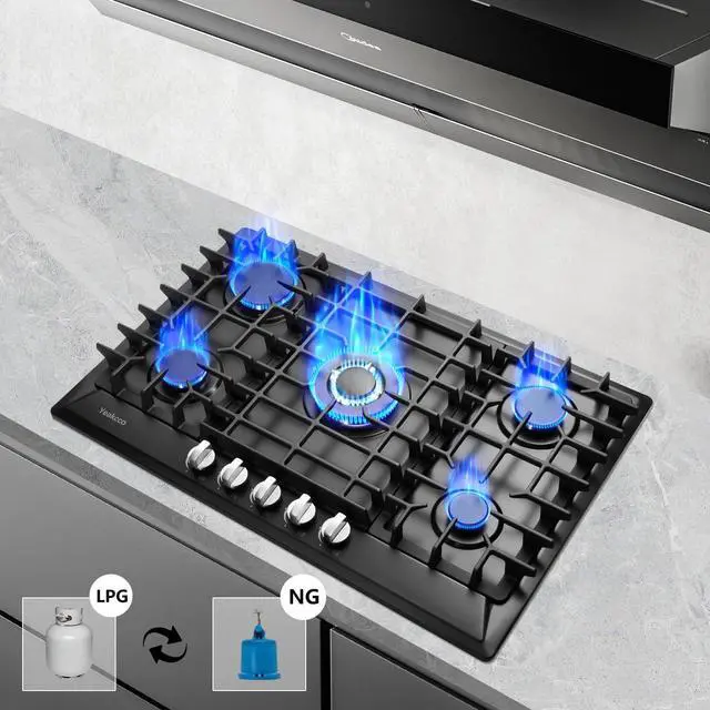 Alt view image 6 of 7 - 30 Inch Gas Cooktop, Built-in 5 Burners Stainless Steel Gas Stovetop Propane/Natural Gas Convertible Stove Top Dual Fuel Gas Hob (Black)