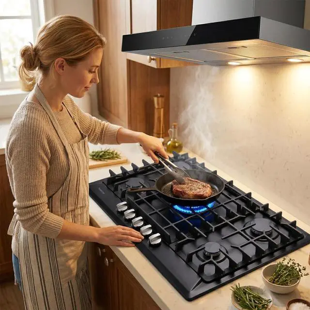 Alt view image 7 of 7 - 30 Inch Gas Cooktop, Built-in 5 Burners Stainless Steel Gas Stovetop Propane/Natural Gas Convertible Stove Top Dual Fuel Gas Hob (Black)