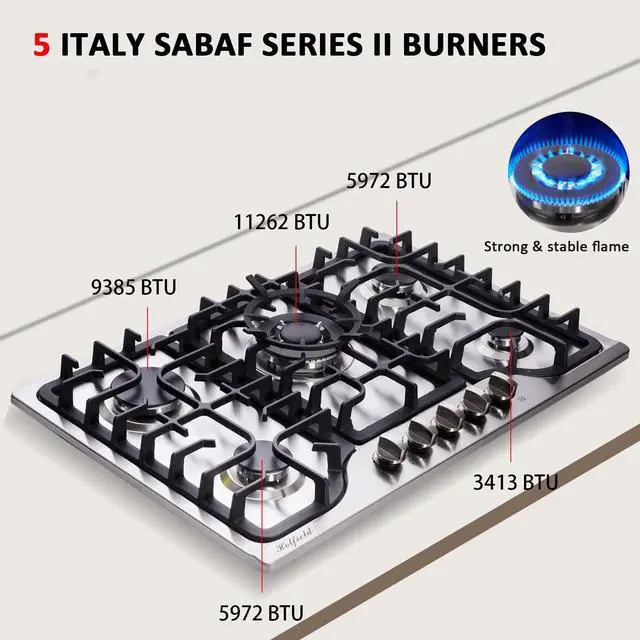 Alt view image 2 of 6 - 30 Inch Gas Cooktop Stainless Steel 5 Burners Stovetop Dual Fuel Gas Hob NG/LPG Convertible Gas Cooktop HF57042 Stainless Steel