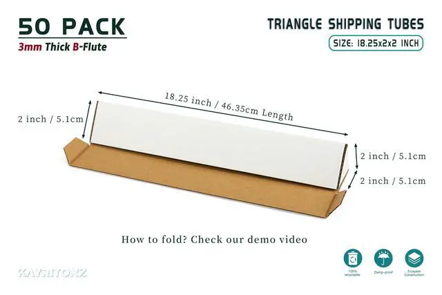 Alt view image 2 of 7 - Triangle Mailing Tube, 18.25x2x2 inch Cardboard Box, 50-Pack | 18 inch Triangular Long Box for Shipping, Storage, Posters, Blueprints, Artwork, Crafts, Art Holder, White