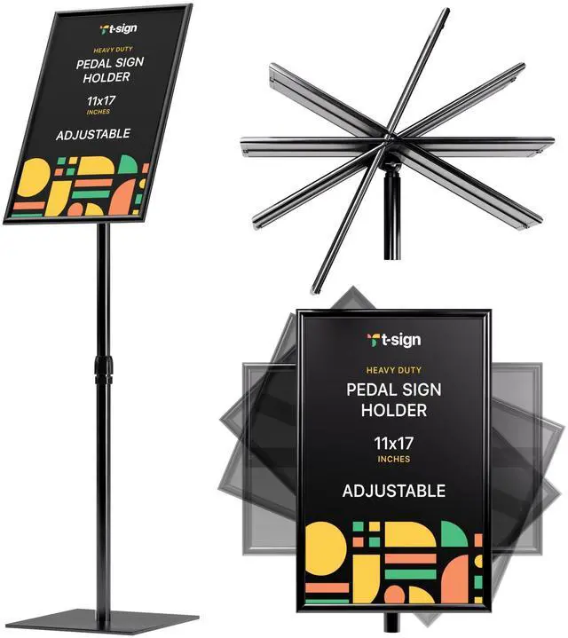 Main image of 31.5 to 48 Inch Pedestal Sign Holder - Adjustable Floor Sign Stand for 11x17 Displays, Heavy Duty Outdoor Sign Holder with Square Base for Restaurants, Retail, Trade Shows, and Events (Black)