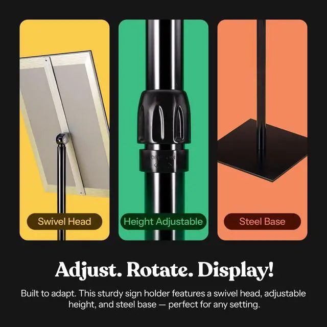 Alt view image 2 of 7 - 31.5 to 48 Inch Pedestal Sign Holder - Adjustable Floor Sign Stand for 11x17 Displays, Heavy Duty Outdoor Sign Holder with Square Base for Restaurants, Retail, Trade Shows, and Events (Black)