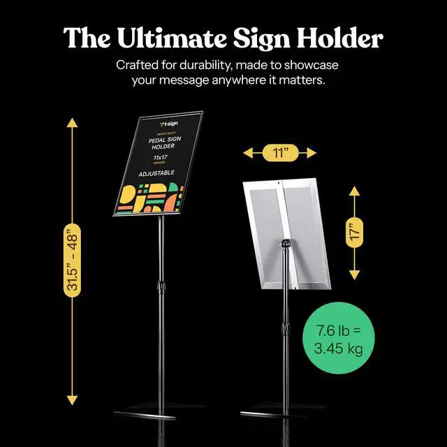 Alt view image 7 of 7 - 31.5 to 48 Inch Pedestal Sign Holder - Adjustable Floor Sign Stand for 11x17 Displays, Heavy Duty Outdoor Sign Holder with Square Base for Restaurants, Retail, Trade Shows, and Events (Black)