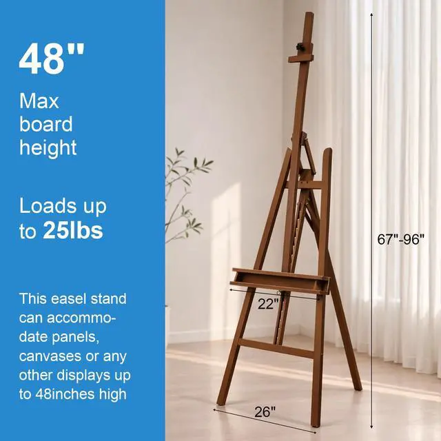Alt view image 2 of 7 - Large A-Frame Solid Beechwood Studio Easel for Painting | Adjustable Artist Easel with Storage Drawer, Display Easel Stand Holds Canvas Up to 48 Inches, Brown