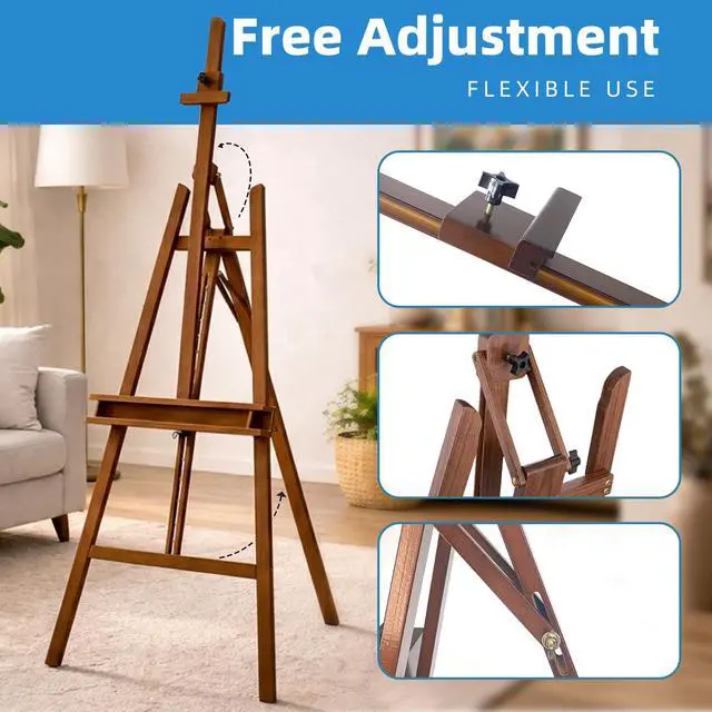 Alt view image 3 of 7 - Large A-Frame Solid Beechwood Studio Easel for Painting | Adjustable Artist Easel with Storage Drawer, Display Easel Stand Holds Canvas Up to 48 Inches, Brown