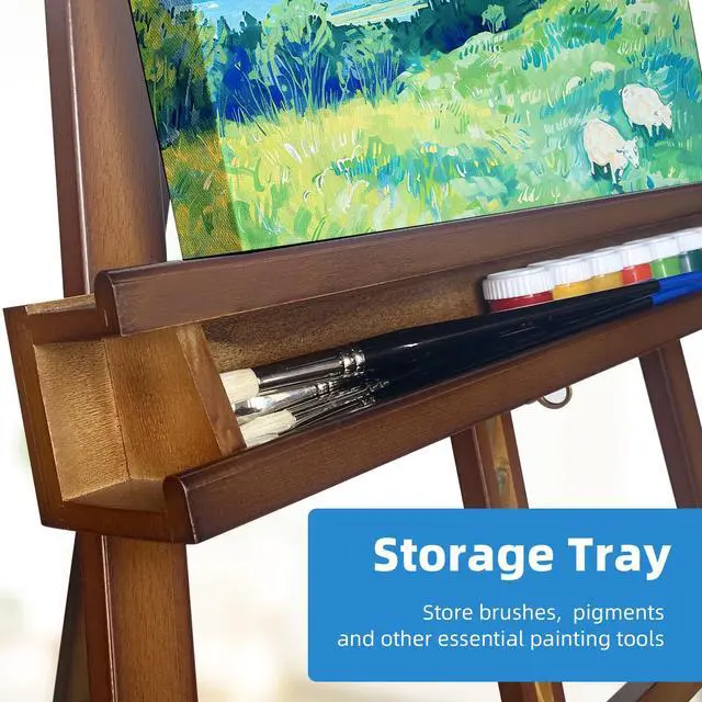 Alt view image 5 of 7 - Large A-Frame Solid Beechwood Studio Easel for Painting | Adjustable Artist Easel with Storage Drawer, Display Easel Stand Holds Canvas Up to 48 Inches, Brown