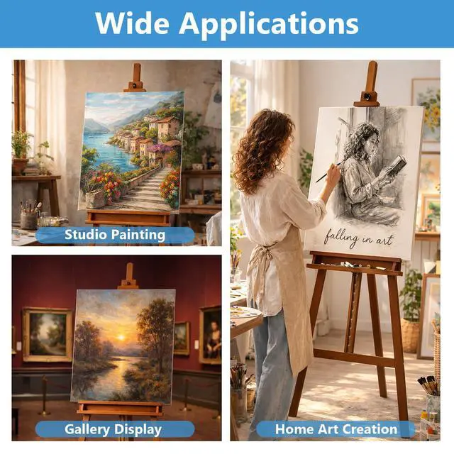Alt view image 7 of 7 - Large A-Frame Solid Beechwood Studio Easel for Painting | Adjustable Artist Easel with Storage Drawer, Display Easel Stand Holds Canvas Up to 48 Inches, Brown