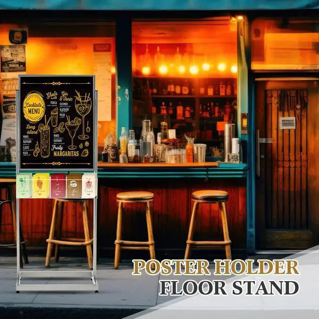 Alt view image 2 of 6 - 22" x 28" Metal Poster Sign Holder Floor Stand with 5 Pocket Acrylic Brochure Holder 4x9 Floor Standing Double Side Slide in Heavy Duty 63" H Non Slip for Display Outdoor Indoor Store (Silver)
