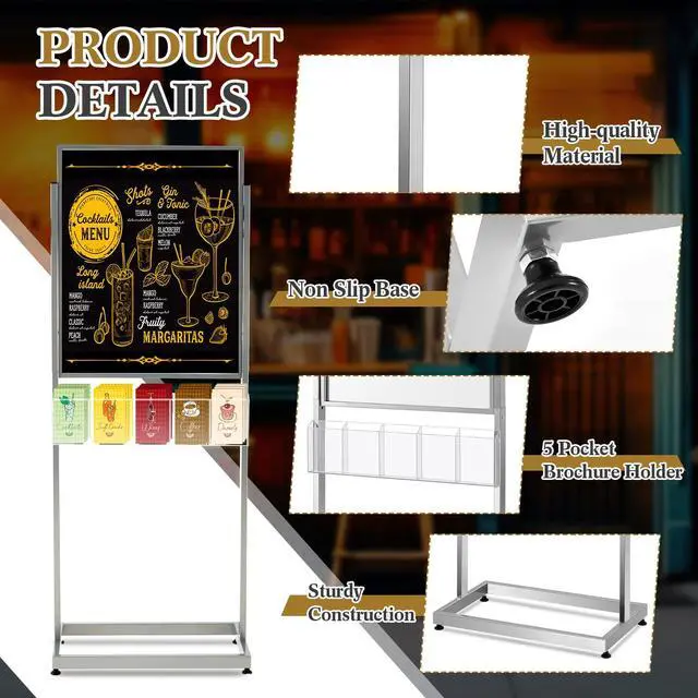 Alt view image 4 of 6 - 22" x 28" Metal Poster Sign Holder Floor Stand with 5 Pocket Acrylic Brochure Holder 4x9 Floor Standing Double Side Slide in Heavy Duty 63" H Non Slip for Display Outdoor Indoor Store (Silver)