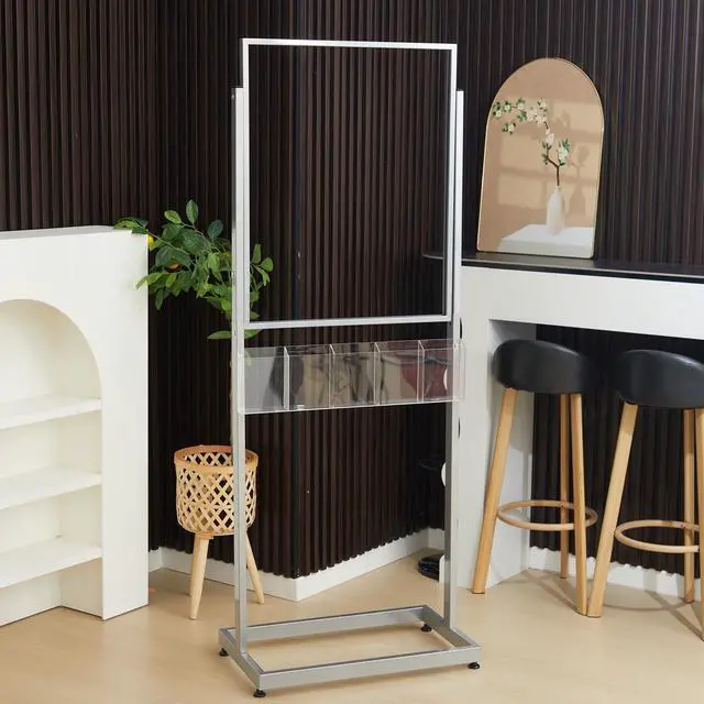 Alt view image 6 of 6 - 22" x 28" Metal Poster Sign Holder Floor Stand with 5 Pocket Acrylic Brochure Holder 4x9 Floor Standing Double Side Slide in Heavy Duty 63" H Non Slip for Display Outdoor Indoor Store (Silver)