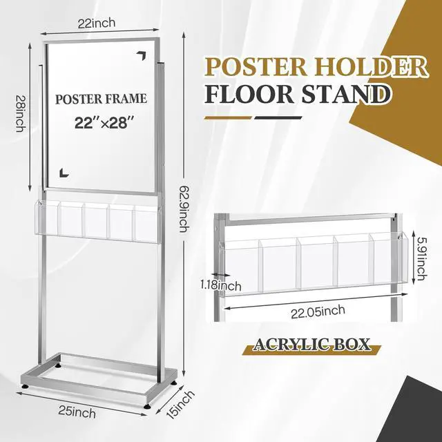 Alt view image 3 of 6 - 22" x 28" Metal Poster Sign Holder Floor Stand with 5 Pocket Acrylic Brochure Holder 4x9 Floor Standing Double Side Slide in Heavy Duty 63" H Non Slip for Display Outdoor Indoor Store (Silver)