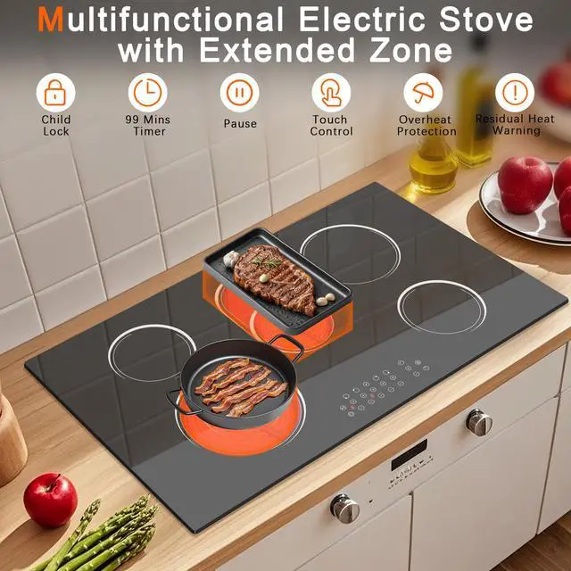Alt view image 4 of 7 - 5 Burner Electric Cooktop 36 Inch, Built-in Electric Stove Top 8400W | Ceramic Cooktop with Touch Control, BBQ Burner, Timer & Pause, Safety Lock, 220V Hard Wire