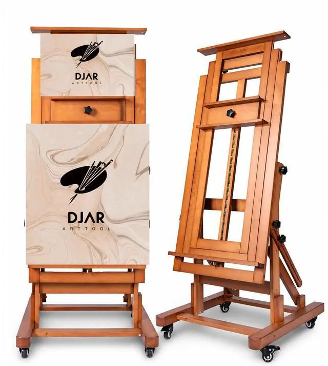 Main image of Extra Large H-Frame Studio Art Easel with Lockable Casters, Walnut | Movable Wooden Tilts Flat Heavy Duty Floor Stand, Solid Beech Wood Art Easel For Artists, Hold 1 or 2 Canvas up to 79"