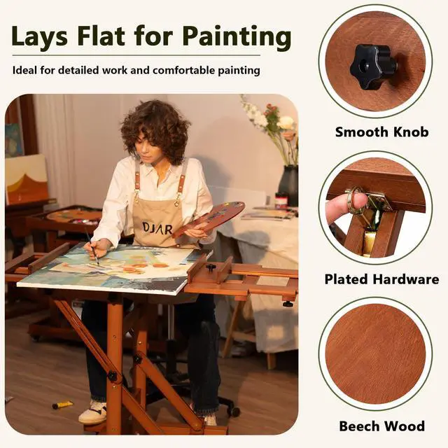 Alt view image 4 of 7 - Extra Large H-Frame Studio Art Easel with Lockable Casters, Walnut | Movable Wooden Tilts Flat Heavy Duty Floor Stand, Solid Beech Wood Art Easel For Artists, Hold 1 or 2 Canvas up to 79"