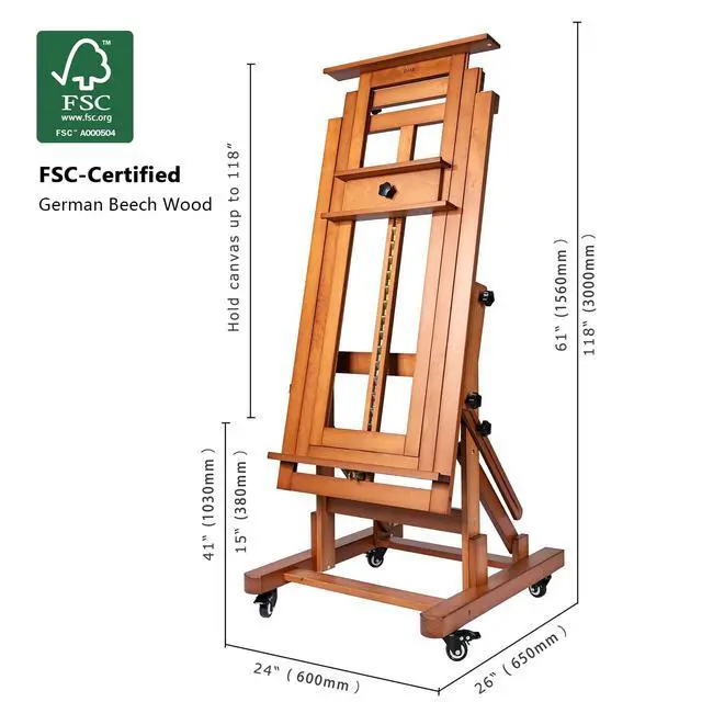 Alt view image 2 of 7 - Extra Large H-Frame Studio Art Easel with Lockable Casters, Walnut | Movable Wooden Tilts Flat Heavy Duty Floor Stand, Solid Beech Wood Art Easel For Artists, Hold 1 or 2 Canvas up to 79"