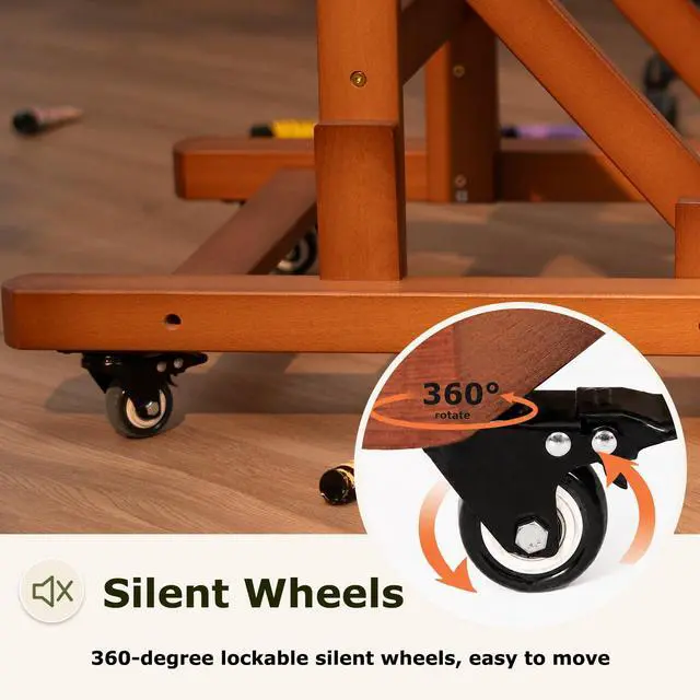 Alt view image 5 of 7 - Extra Large H-Frame Studio Art Easel with Lockable Casters, Walnut | Movable Wooden Tilts Flat Heavy Duty Floor Stand, Solid Beech Wood Art Easel For Artists, Hold 1 or 2 Canvas up to 79"