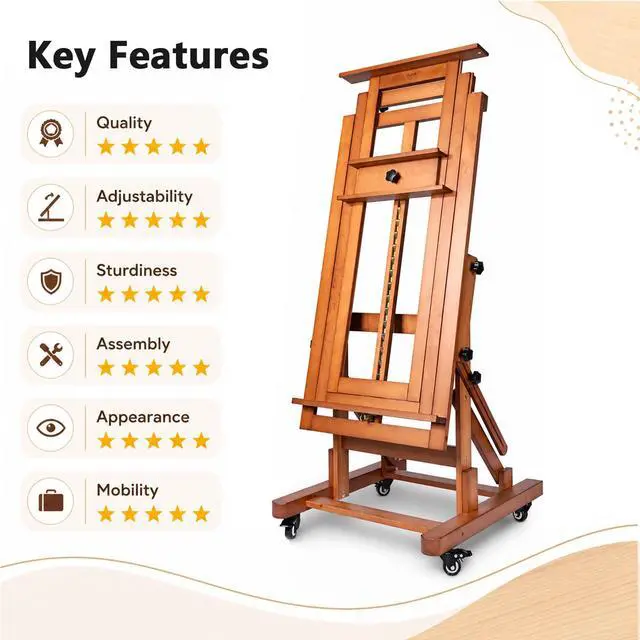 Alt view image 6 of 7 - Extra Large H-Frame Studio Art Easel with Lockable Casters, Walnut | Movable Wooden Tilts Flat Heavy Duty Floor Stand, Solid Beech Wood Art Easel For Artists, Hold 1 or 2 Canvas up to 79"