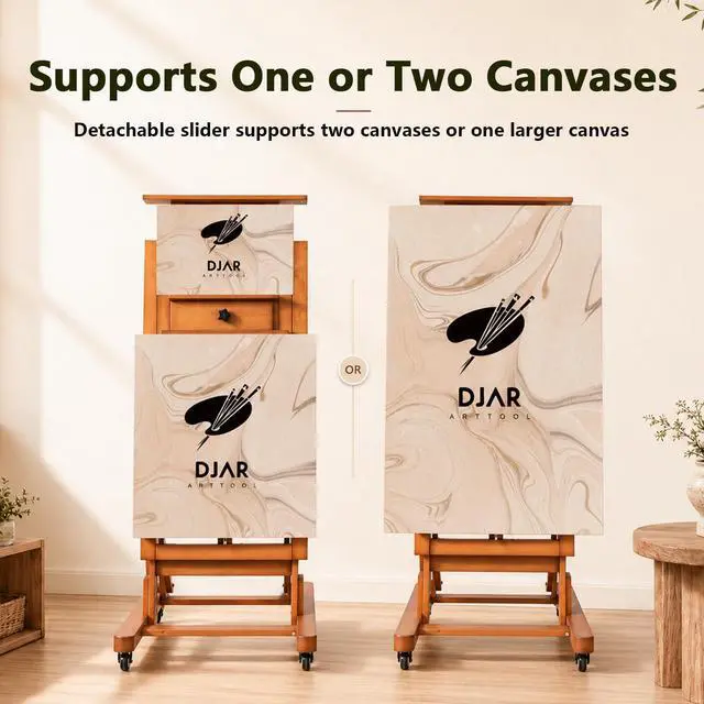 Alt view image 7 of 7 - Extra Large H-Frame Studio Art Easel with Lockable Casters, Walnut | Movable Wooden Tilts Flat Heavy Duty Floor Stand, Solid Beech Wood Art Easel For Artists, Hold 1 or 2 Canvas up to 79"