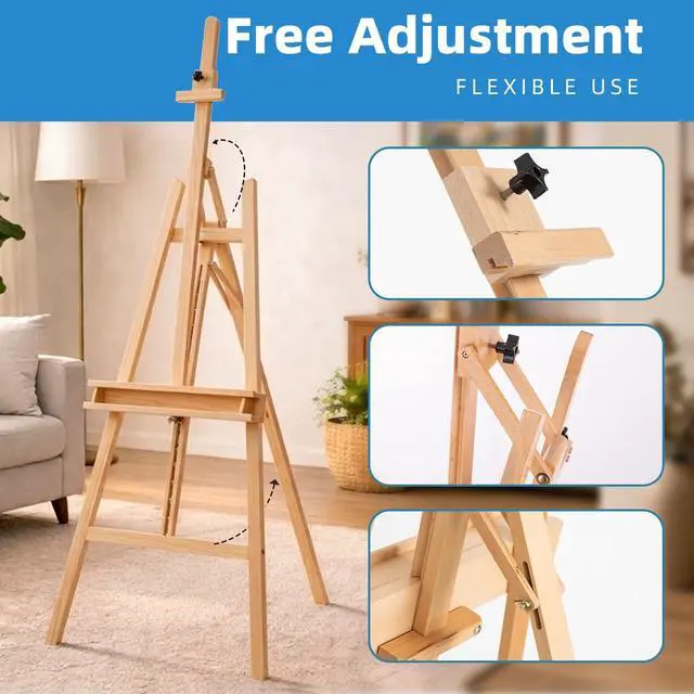 Alt view image 3 of 7 - Large A-Frame Solid Beechwood Studio Easel for Painting | Adjustable Artist Easel with Storage Drawer, Display Easel Stand Holds Canvas Up to 48 Inches, Natural