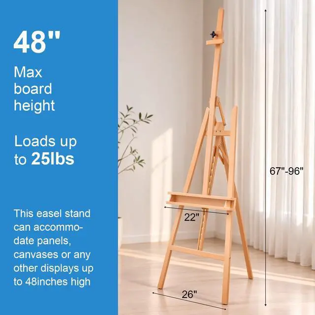 Alt view image 2 of 7 - Large A-Frame Solid Beechwood Studio Easel for Painting | Adjustable Artist Easel with Storage Drawer, Display Easel Stand Holds Canvas Up to 48 Inches, Natural