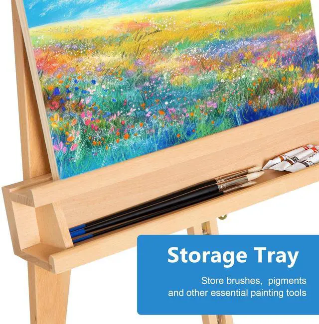 Alt view image 5 of 7 - Large A-Frame Solid Beechwood Studio Easel for Painting | Adjustable Artist Easel with Storage Drawer, Display Easel Stand Holds Canvas Up to 48 Inches, Natural