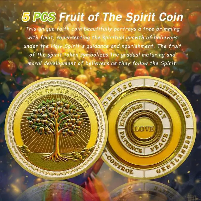 Alt view image 2 of 6 - 5pcs Fruit of The Spirit Christian Challenge Coin - Galatians 5:22-23 Jesus Religious Token - Art God Pocket Bible Verses Coins for Study - Good Luck Commemorative Gifts for Men Women Kids
