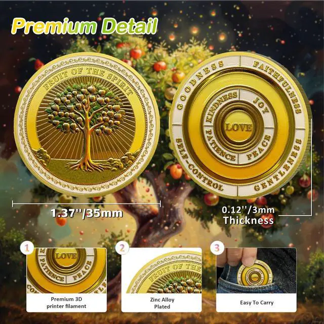 Alt view image 3 of 6 - 5pcs Fruit of The Spirit Christian Challenge Coin - Galatians 5:22-23 Jesus Religious Token - Art God Pocket Bible Verses Coins for Study - Good Luck Commemorative Gifts for Men Women Kids