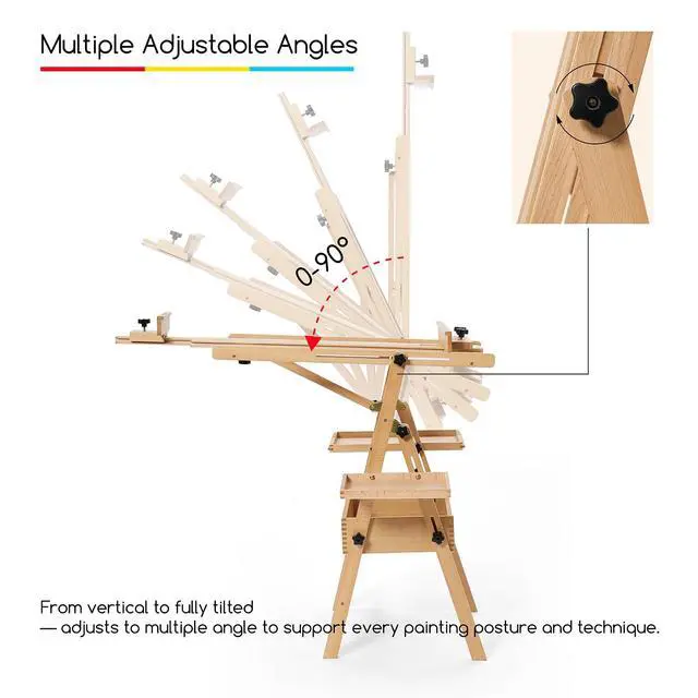 Alt view image 3 of 7 - Painting Easel with Storage: H-Frame Beech Wood Art Easel for Adults, Artists, Students, Beginners - Adjustable 50"-80" H, Holds Canvas Up to 47 Inches
