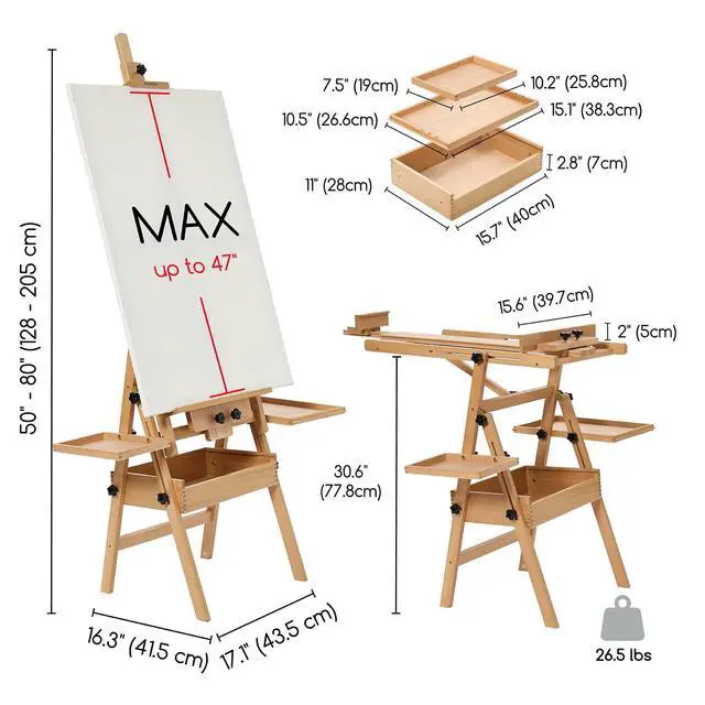 Alt view image 2 of 7 - Painting Easel with Storage: H-Frame Beech Wood Art Easel for Adults, Artists, Students, Beginners - Adjustable 50"-80" H, Holds Canvas Up to 47 Inches