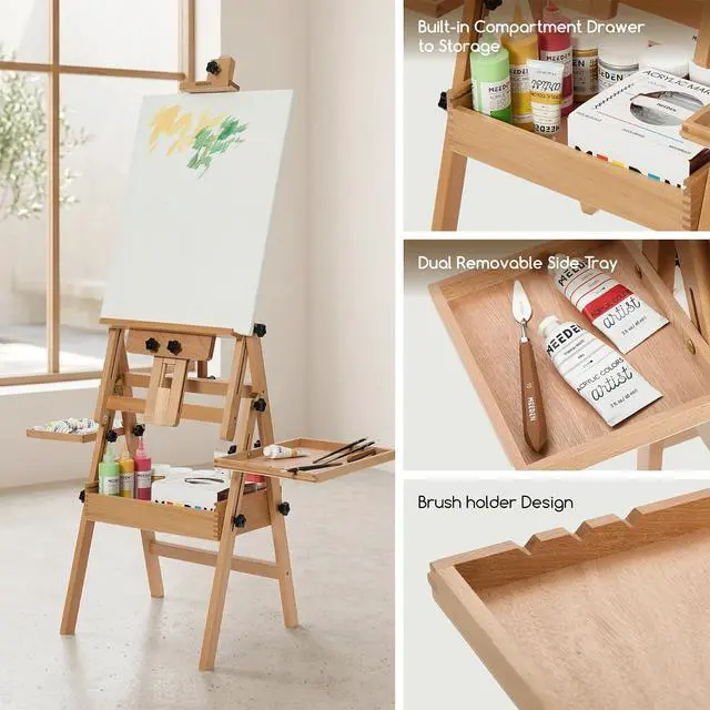 Alt view image 5 of 7 - Painting Easel with Storage: H-Frame Beech Wood Art Easel for Adults, Artists, Students, Beginners - Adjustable 50"-80" H, Holds Canvas Up to 47 Inches