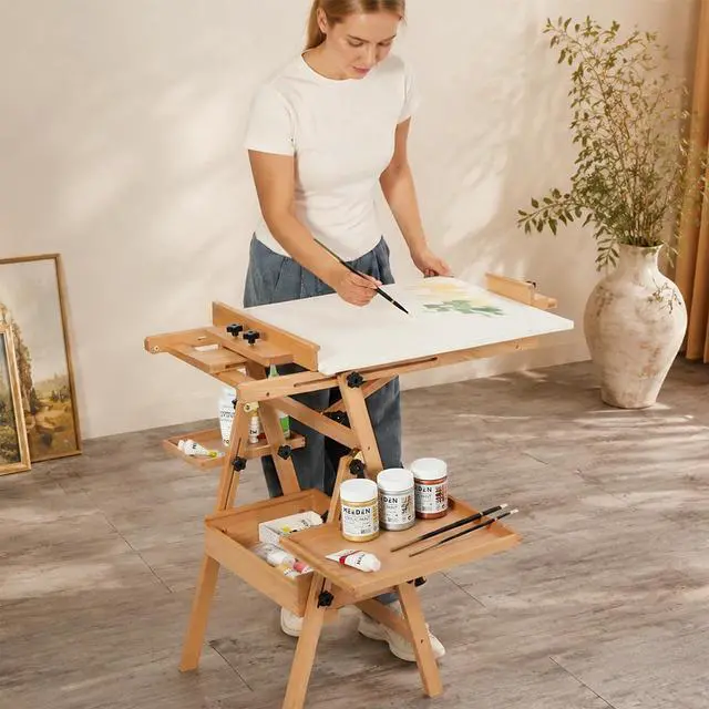 Alt view image 7 of 7 - Painting Easel with Storage: H-Frame Beech Wood Art Easel for Adults, Artists, Students, Beginners - Adjustable 50"-80" H, Holds Canvas Up to 47 Inches