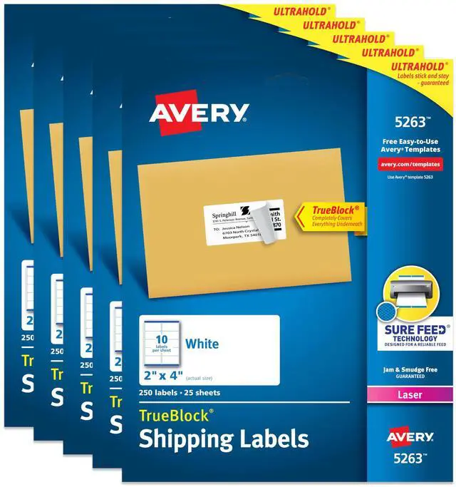 Main image of Printable Shipping Labels with Sure Feed, 2" x 4" Customizable Stickers, White, 1,250 Blank Mailing Labels, Great for Mailing, Shipping, and More (5-Pack of 5263)