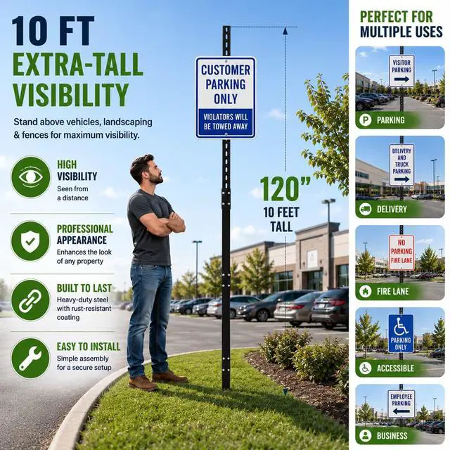 Alt view image 2 of 7 - 2 Pack 10 FT Heavy Duty Sign Post, 9 LB Commercial Grade Steel Pole with Reinforced Ground Anchor Wings, Powder-Coated, Includes Mounting Hardware for Parking, Traffic & Property Signs
