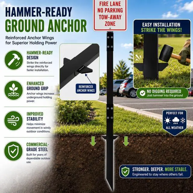 Alt view image 4 of 7 - 2 Pack 10 FT Heavy Duty Sign Post, 9 LB Commercial Grade Steel Pole with Reinforced Ground Anchor Wings, Powder-Coated, Includes Mounting Hardware for Parking, Traffic & Property Signs