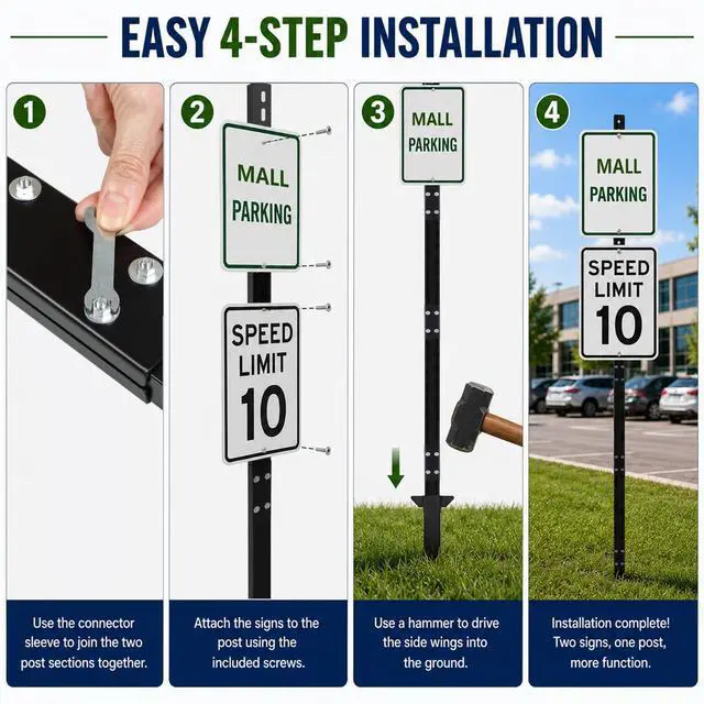 Alt view image 6 of 7 - 2 Pack 10 FT Heavy Duty Sign Post, 9 LB Commercial Grade Steel Pole with Reinforced Ground Anchor Wings, Powder-Coated, Includes Mounting Hardware for Parking, Traffic & Property Signs
