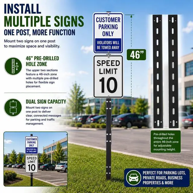 Alt view image 5 of 7 - 2 Pack 10 FT Heavy Duty Sign Post, 9 LB Commercial Grade Steel Pole with Reinforced Ground Anchor Wings, Powder-Coated, Includes Mounting Hardware for Parking, Traffic & Property Signs