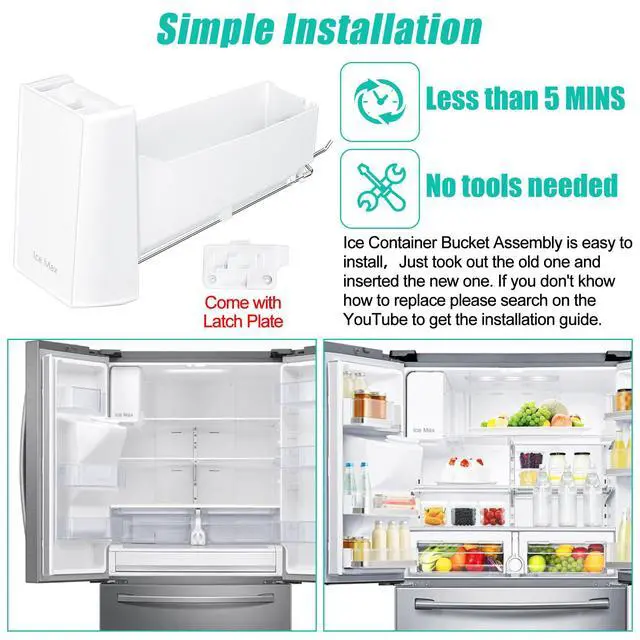 Alt view image 7 of 7 - Upgraded DA97-20156B Ice Maker Replacement Compatible with Samsung Refrigerator DA97-20156A Ice Container, Ice Bucket Tray w/Latch Plate fit Model RF28HMEDBSR, RF27T5241SG, RF28R6301SG Ice Bin